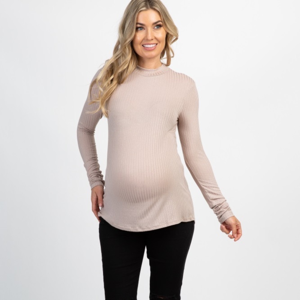 Pink blush maternity ribbed mock neck long sleeve